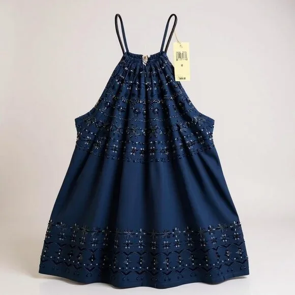 NWT Lucky Brand Blue/White Beaded‎ Embellished Halter Blouse Top Size M - Picture 2 of 8